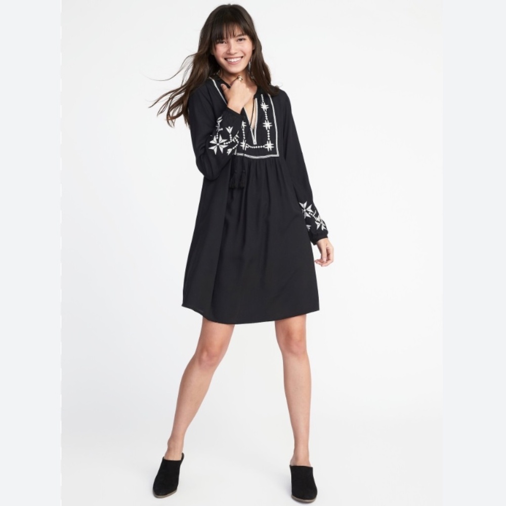 Old Navy Black Dress with White Embroidery
